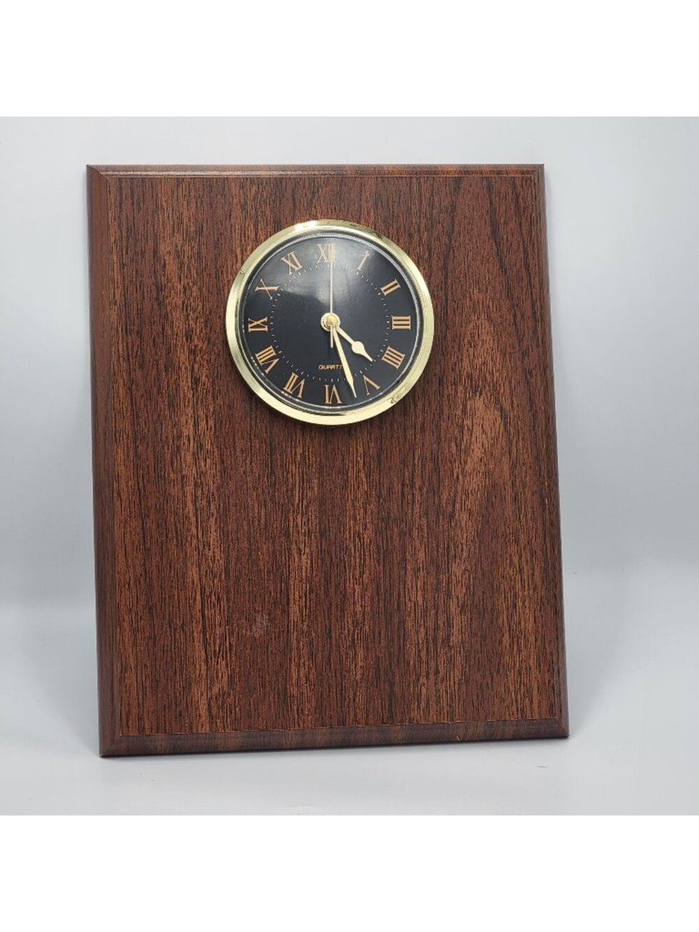 Vintage Wood Plaque With Gold-Tone Wagner Quartz Roman Numeral Clock 8.5" x 10"